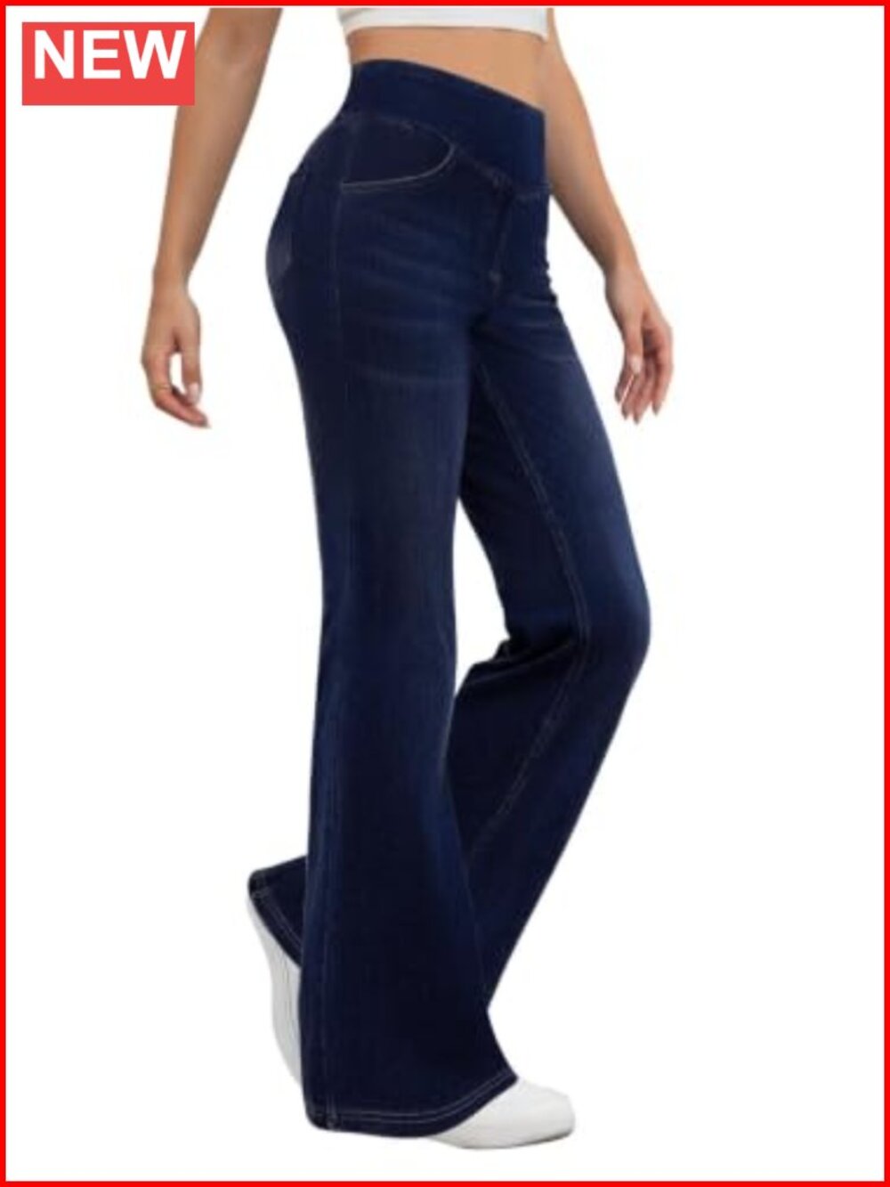 Stretchy Pull On Bootcut Jeans High Rise Flare Functional Pockets